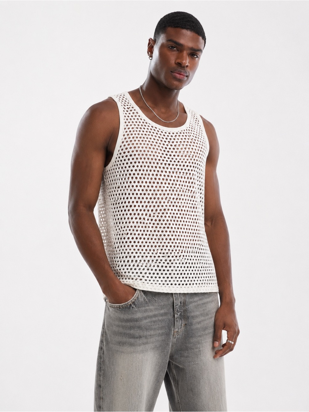 Forever 21 Men Tank Top Small White Mesh Stretch